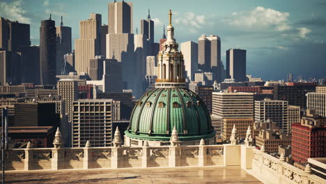 aerial view of a cityscape with a church dome