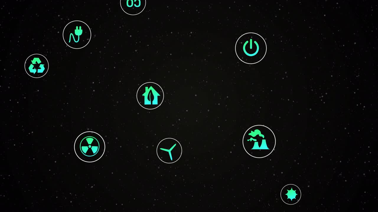 On start teal energy icons drifting over dark starfield clustering then spreading to show concepts