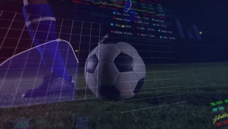 Animation-Von-Grafiken-Und-Finanzdaten-über-Die-Beine-Eines-Männlichen-Fußballspielers-Mit-Ball-Auf-Dem-Spielfeld