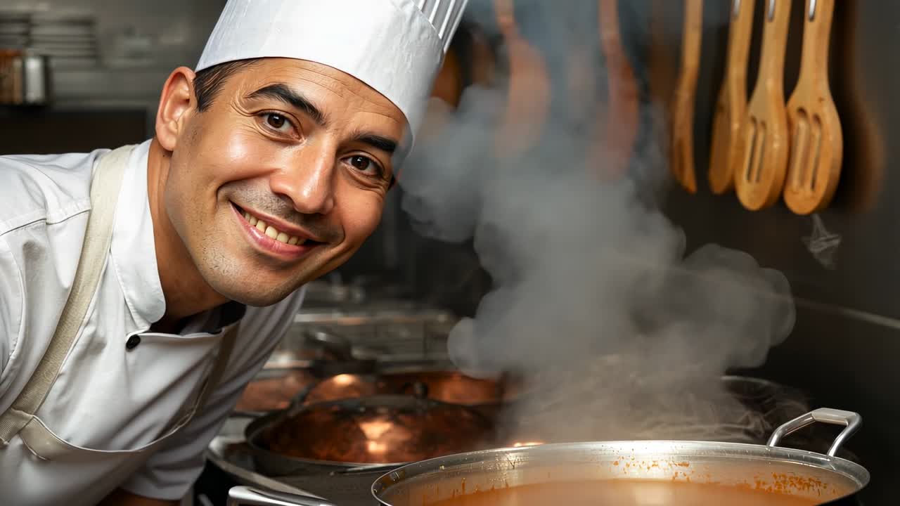 Vapore che sale dalla pentola: uno chef si sporge sulla stufa, inspira l'aroma e sorride in cucina