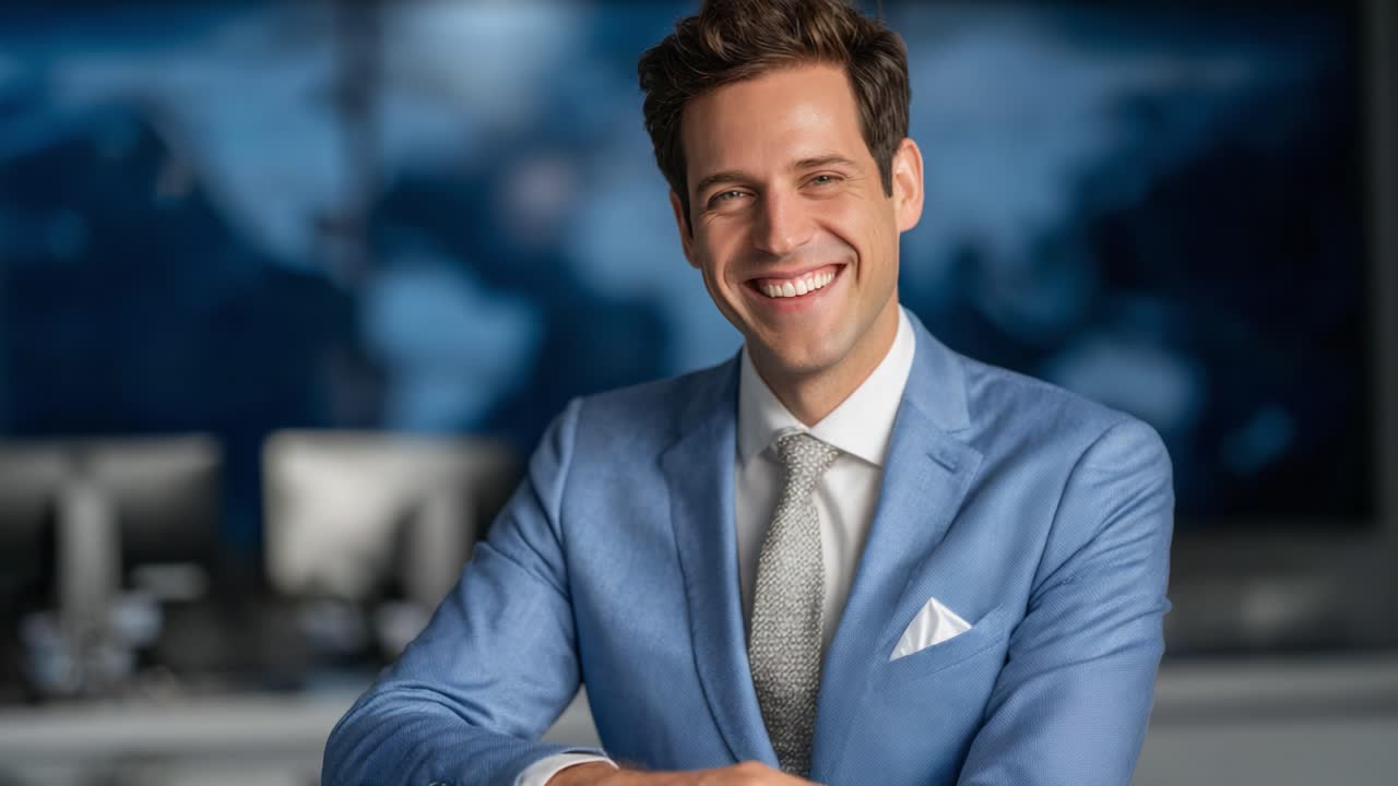 Un annunciatore professionista in abito blu sorride con sicurezza in uno studio moderno, trasmettendo calore e accessibilità nel contesto mediatico