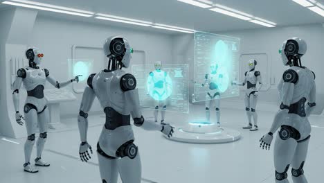 a group of advanced robots engaged in interactive data analysis within a high-tech laboratory environment, showcasing their communication and collaboration skills