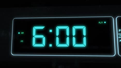 high quality cgi render of a digital alarm clock, with glowing pale blue numbers, ticking over from 5