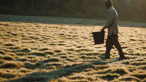 man bending in a dewy field with a bucket