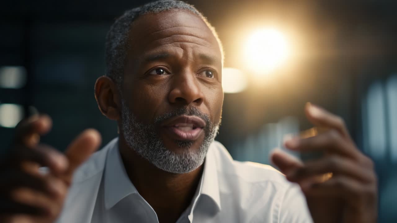 A Thoughtful Man Engaging in Deep Conversation, Expressing Emotions and Ideas with Passionate Gestures, Set Against a Softly Lit Background That Enhances the Intensity of the Moment