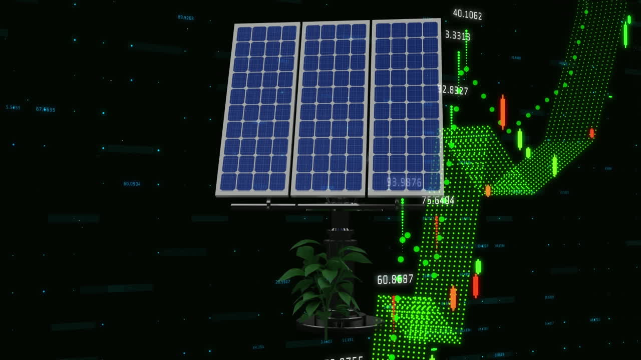 Animation of plant and solar panels over financial data processing on black background