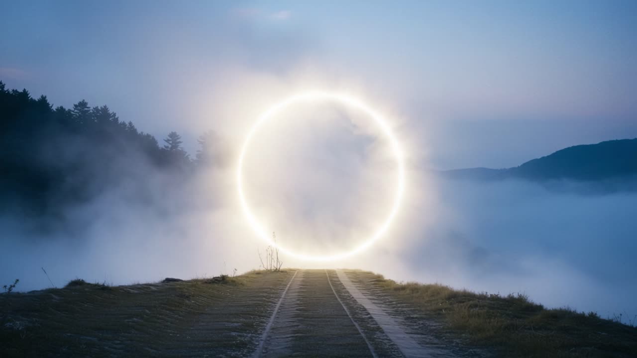 A Serene Landscape Featuring a Mystical Circular Light Amidst Fog Before Dawn, Illuminating the Path Forward and Inviting Discovery in Nature's Embrace
