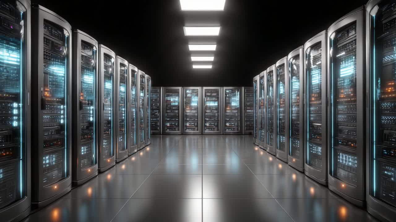 A High-Tech Data Center Showcasing Rows of Advanced Servers Illuminated by Futuristic Lighting in a Cutting-Edge Facility