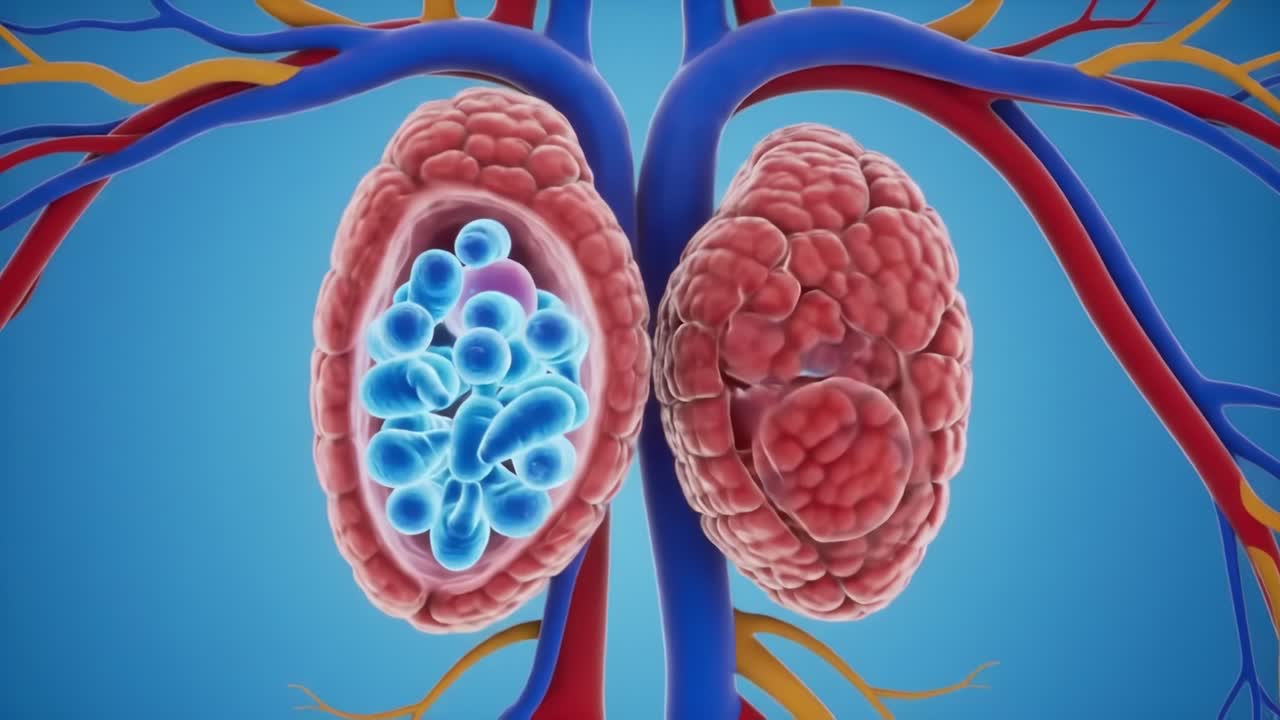 Detailed Anatomical Illustration Showcasing Human Kidneys with Surrounding Blood Vessels in a Realistic 3D Representation Against a Blue Background