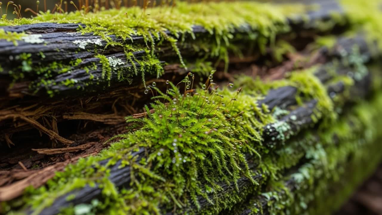 A Visual Exploration of Lush Green Moss Covering Weathered Logs, Capturing the Beauty of Nature's Resilience and Fungi Growth in a Forest Ecosystem