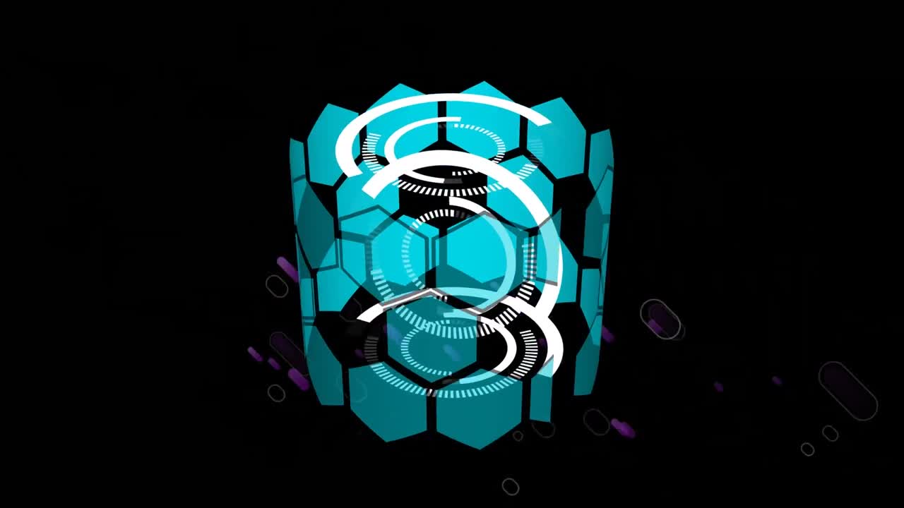 animación de círculos blancos y hexágonos girando con rastros de luz púrpura sobre fondo negro