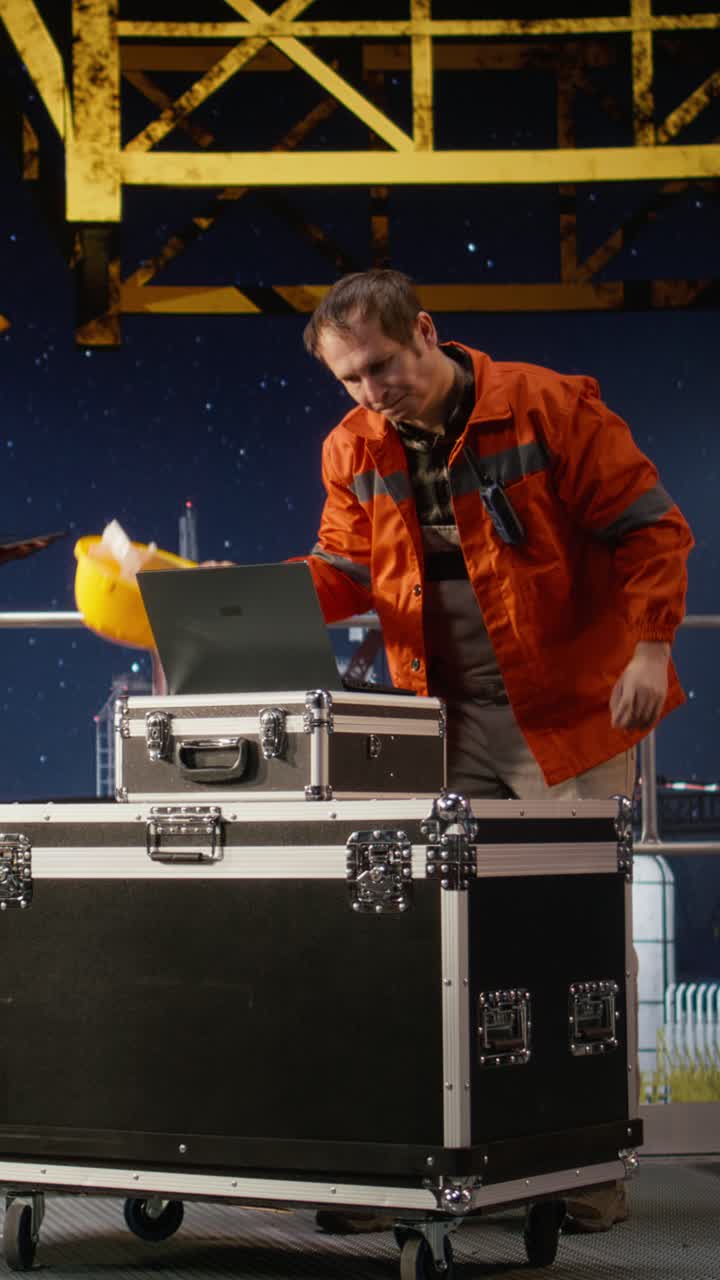 Vertical Video Offshore engineer frustrated about oil extraction activity on platform