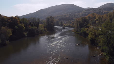 bosna river neretva flowing through bosnia, aerial countryside landscape