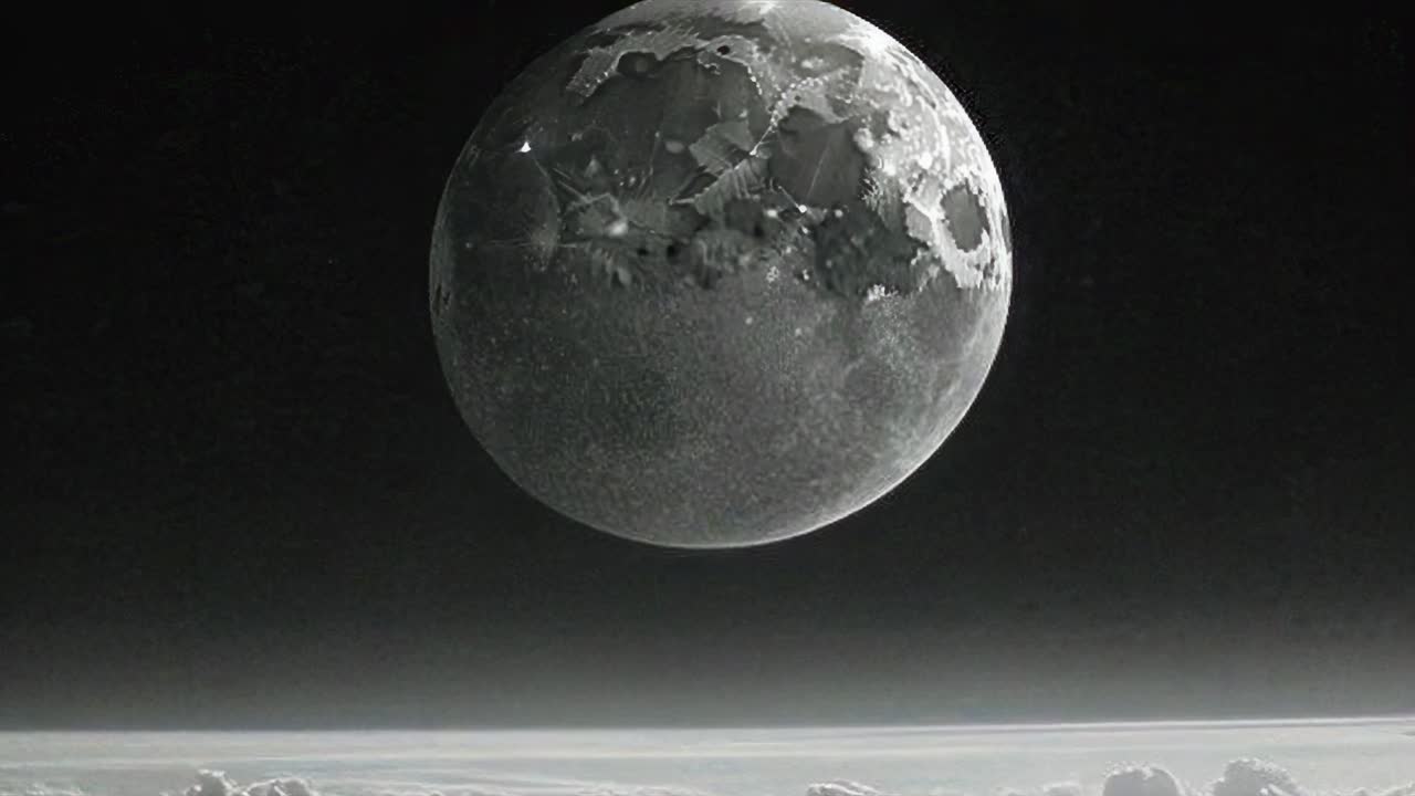 A surreal video concept showing a low-angle view of the moon above a sea of clouds