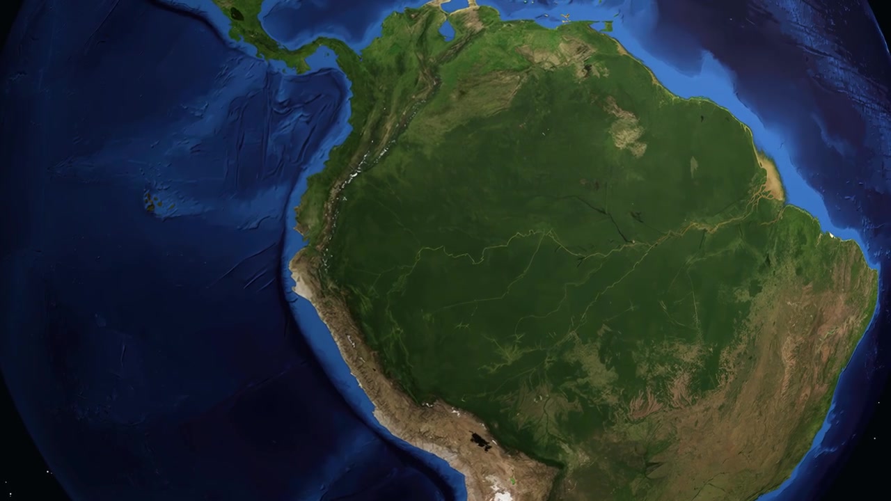 Un globo digitale ruota e si ingrandisce sul Sud America, evidenziando Iquitos, Perù con dati di posizione.