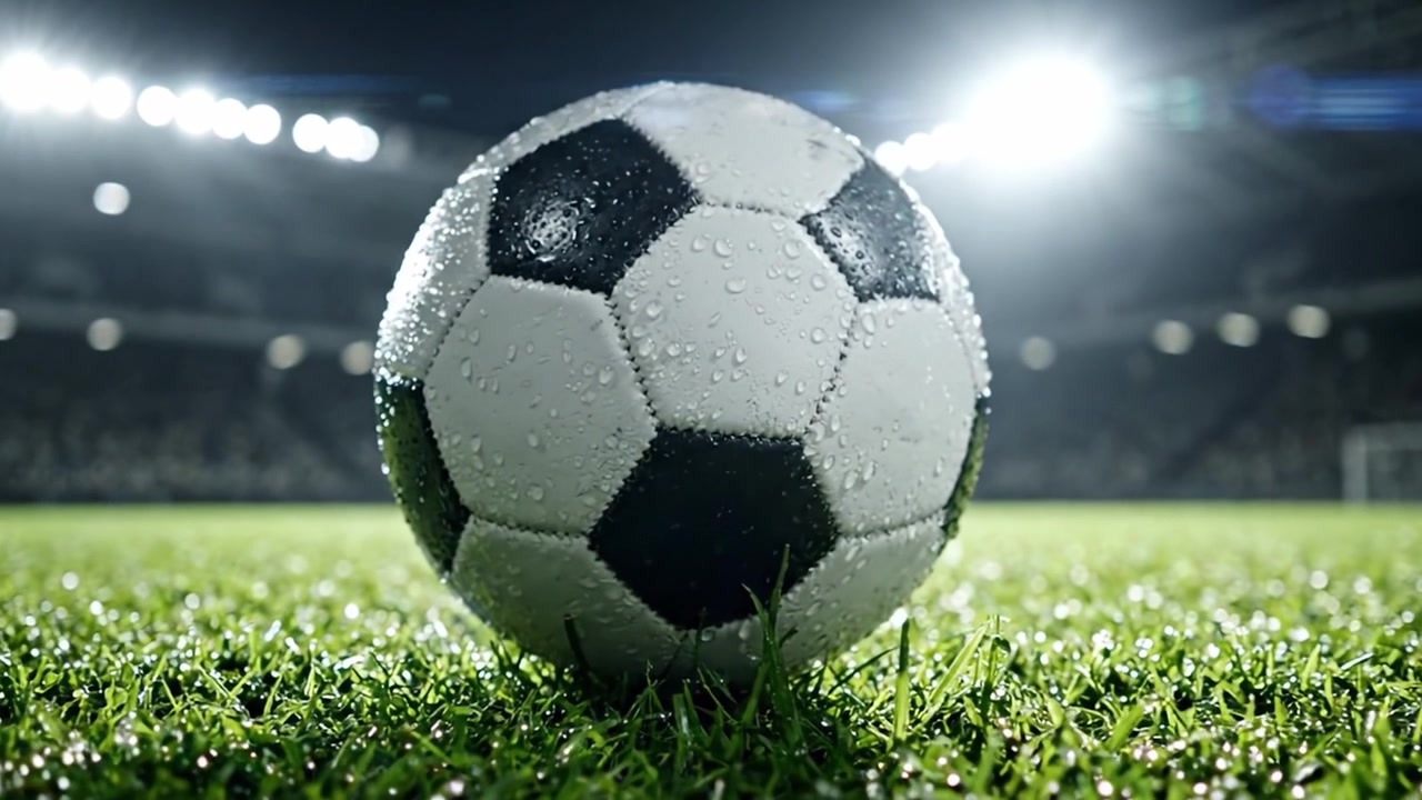 Nahaufnahme eines nassen Fußballs auf einem regennassen Rasenplatz, beleuchtet von hellen Stadionlichtern, die die Essenz des kompetitiven Outdoor-Sports einfängt