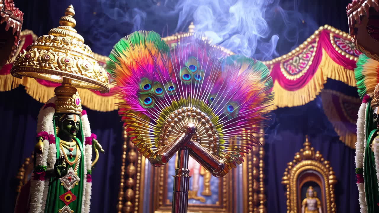 Hindu Temple Ceremony with Peacock Fan