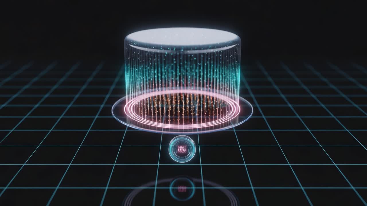 Visual Representation of Data Processing in a 3D Graphic Environment with a Cylindrical Structure and Particle Effects, Demonstrating Modern Computational Concepts