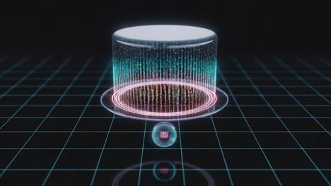 visual representation of data processing in a 3d graphic environment with a cylindrical structure and particle effects, demonstrating modern computational concepts
