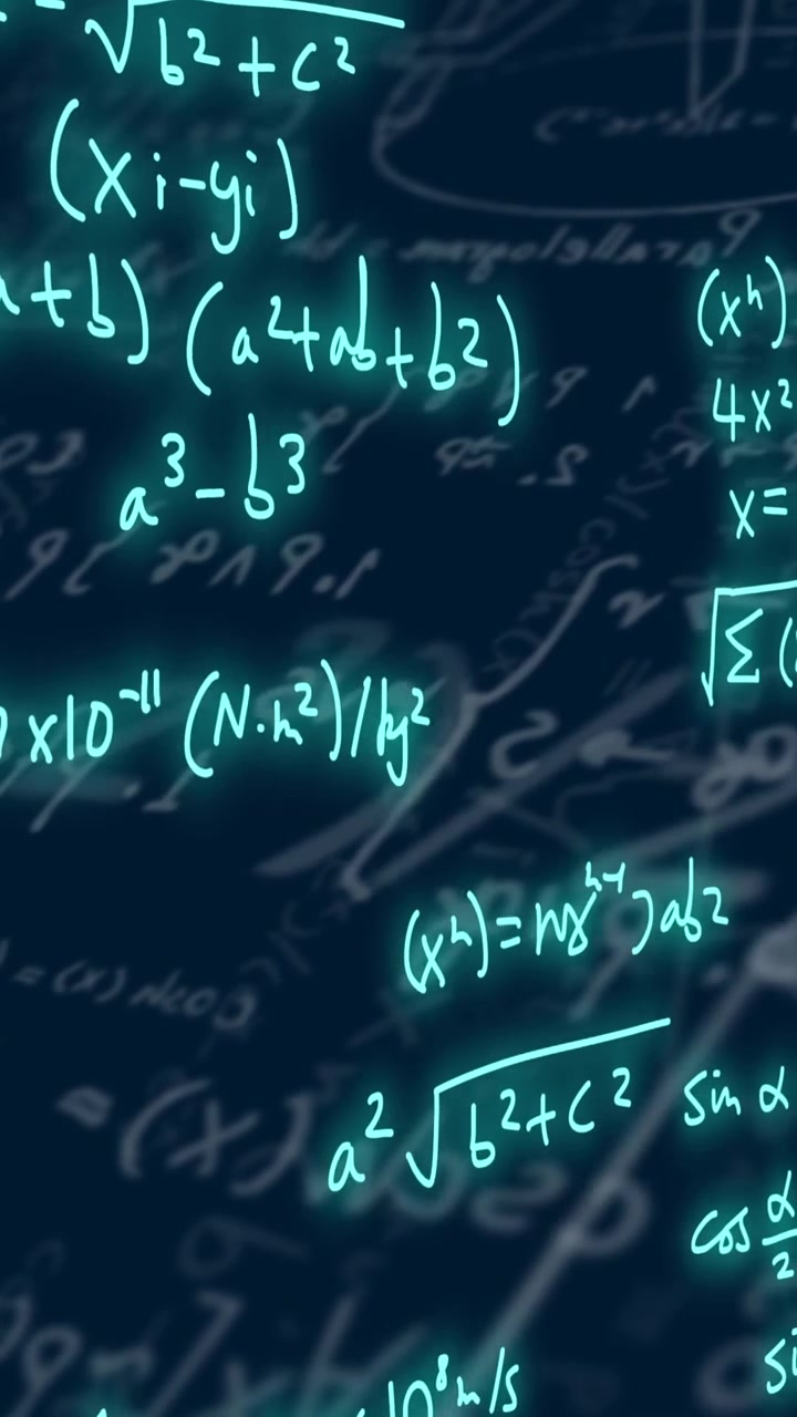 Animazione di formule matematiche ed elaborazione dati scientifici su sfondo nero