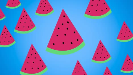 Animation-of-single-watermelons-floating-on-blue-background