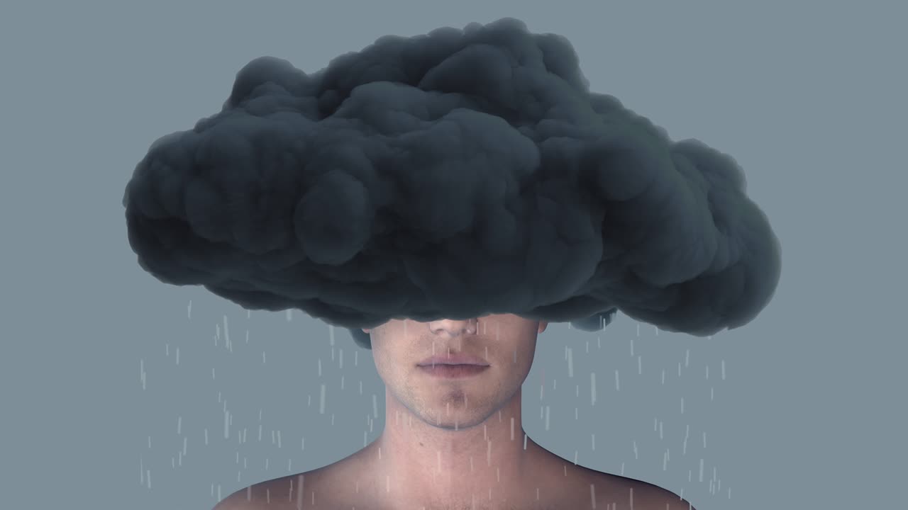 hombre con nube lluviosa en la cabeza. composición de arte 3d realista en estilo de stop motion moderno creativo. diseño de concepto gráfico abstracto minimalista. animación de bucle de moda.