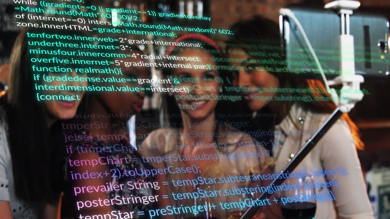 Animation of data processing over group of diverse female friends taking a selfie at a bar