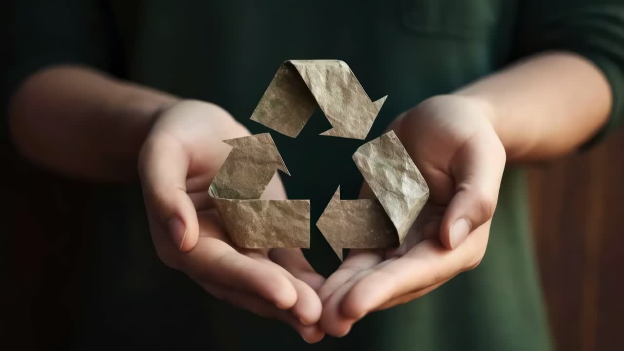 Close-up shot of hands holding a 3D paper recycling symbol, symbolizing sustainability
