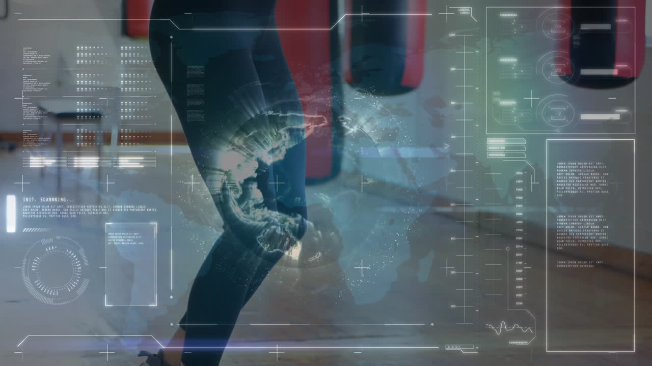 animación del procesamiento de datos sobre una deportista caucásica saltando la cuerda