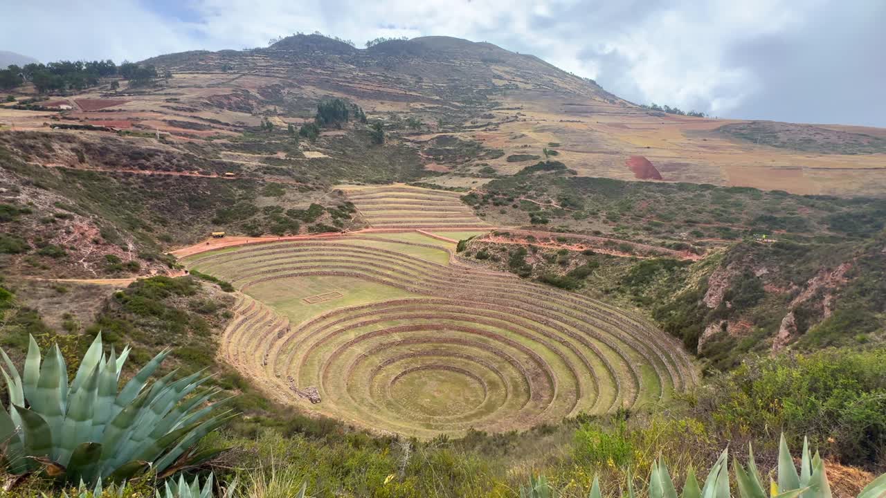 Moray circular terraces Zona arquelogica Moray Peru Perú Sacred Valley Salineras de Maras rainy season sunny cloudy Peruvian Andes Mount Patacancha Chicón Ancopacha Ollantaytambo Cusco region pan left