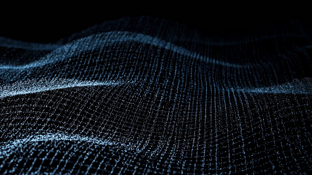 Dark Digital Mesh Forming Rolling Terrain Waves, Dotted Point Cloud Surface Creating Futuristic Landscape,