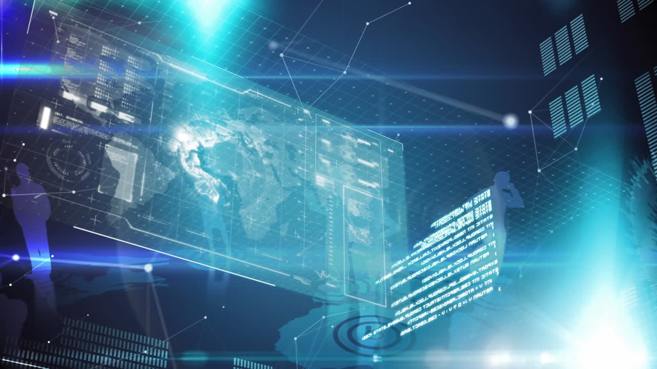 비즈니스 사람들과 프로그램 코드의 실루 ⁇ 을 가진 미래적 인터페이스