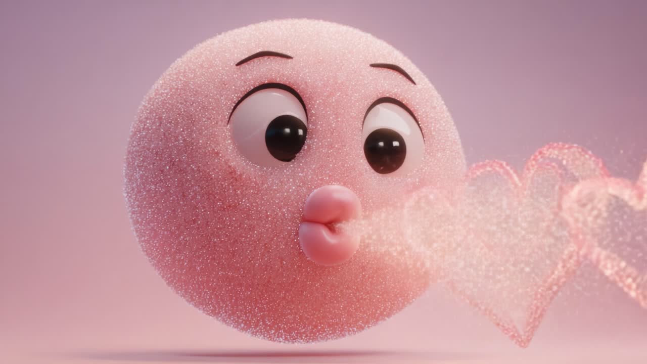 Charming Animated Character Blowing a Heart Shaped Glitter with Adorable Expressions in a Colorful Background Full of Sparkles and Playfulness for an Engaging Visual Experience