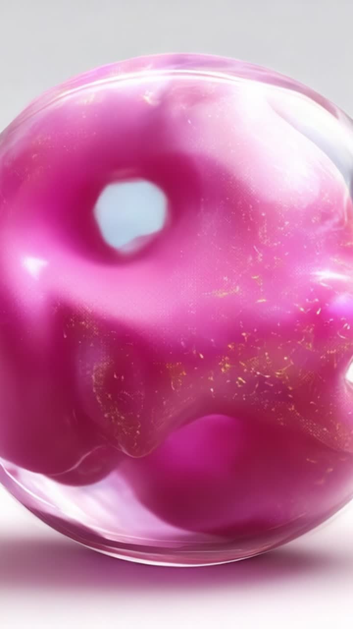 Colori vibranti e vorticosi in una sfera di vetro: un primo piano accattivante di motivi rosa e bianchi che si fondono con bagliori dorati scintillanti sotto una luce soffusa.