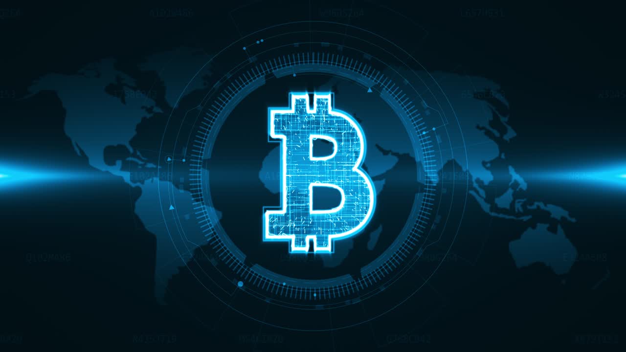 Motion graphic of Blue bit coins icon with head up display ( HUD UI ) technology interface and futuristic elements on earth map background