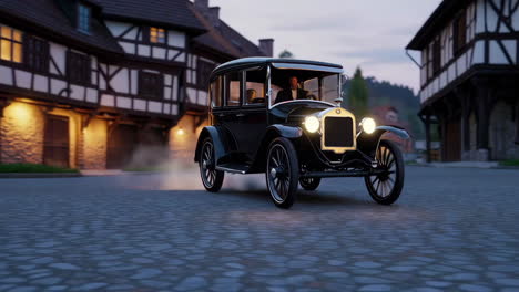 vintage car driving through a european town at dusk