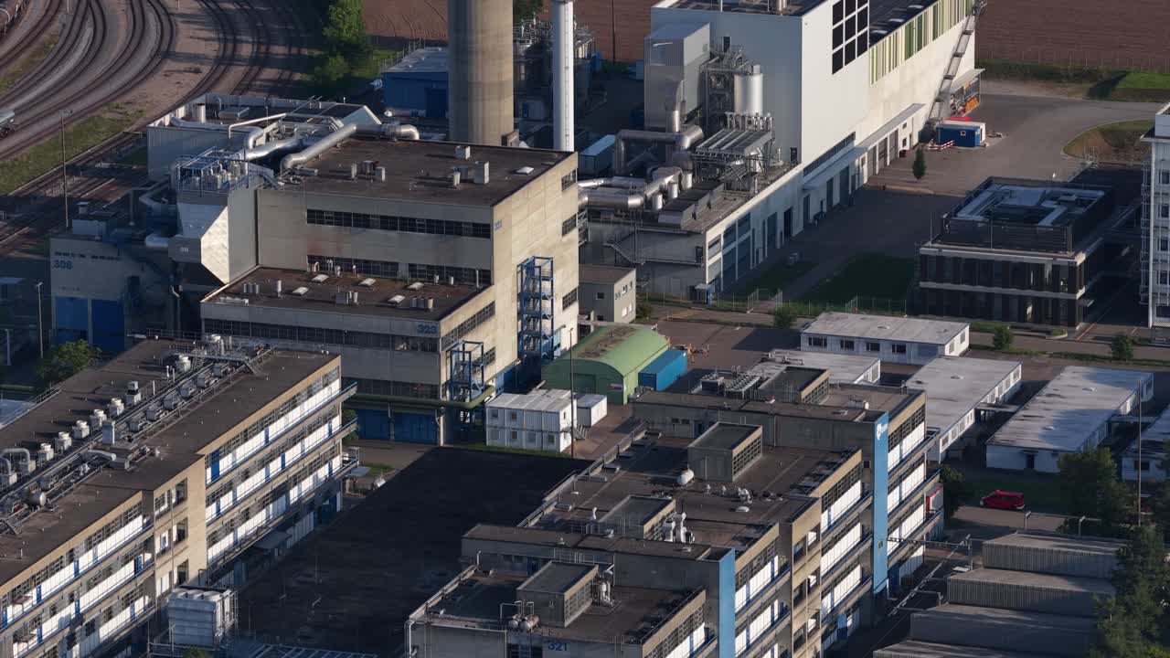 Nutritional production facility. production site and development center in Sisseln, Switzerland. Aerial drone video