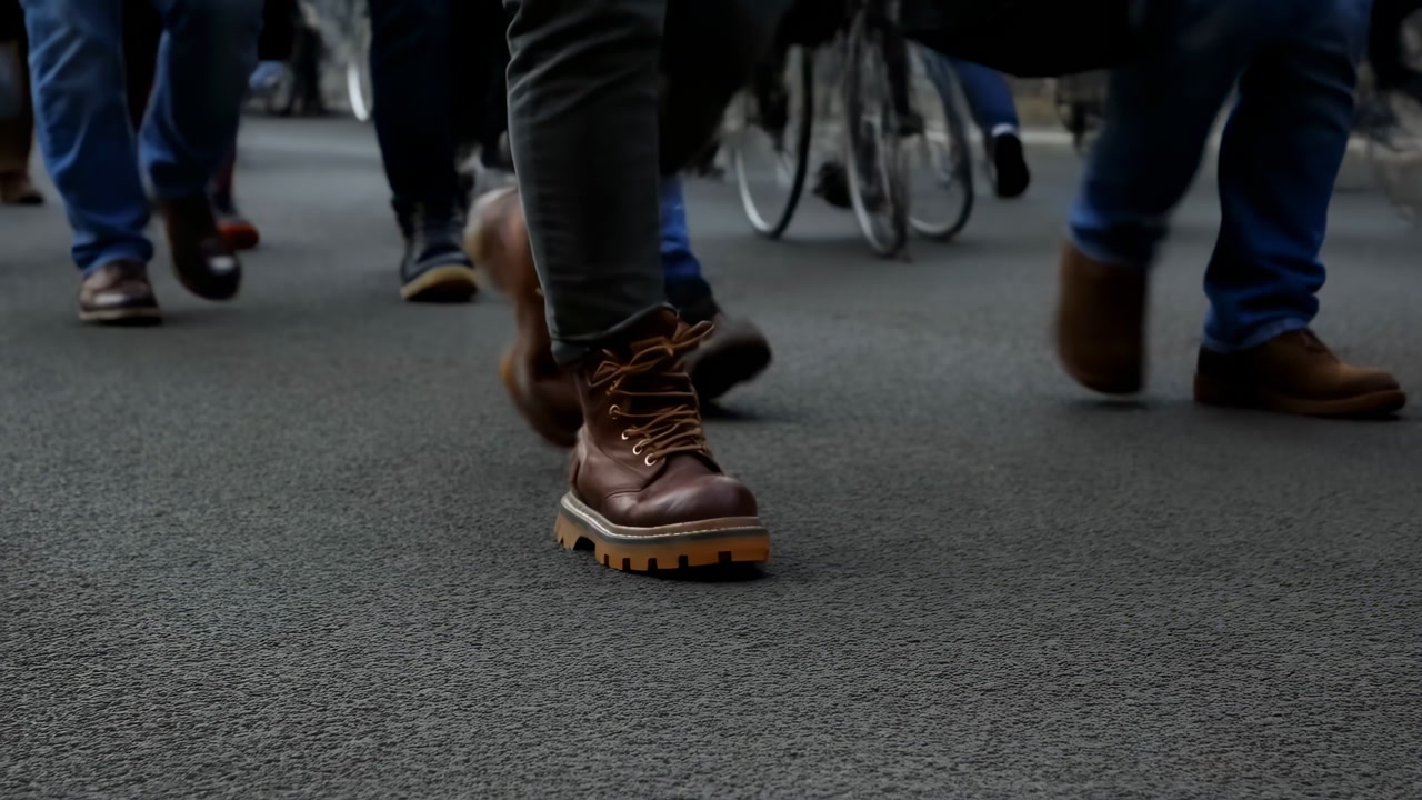 Low Angle Asphalt Closeup Capturing Commute Rush, Workers And Cyclists Passing In Boots And Dress Shoes, Brisk
