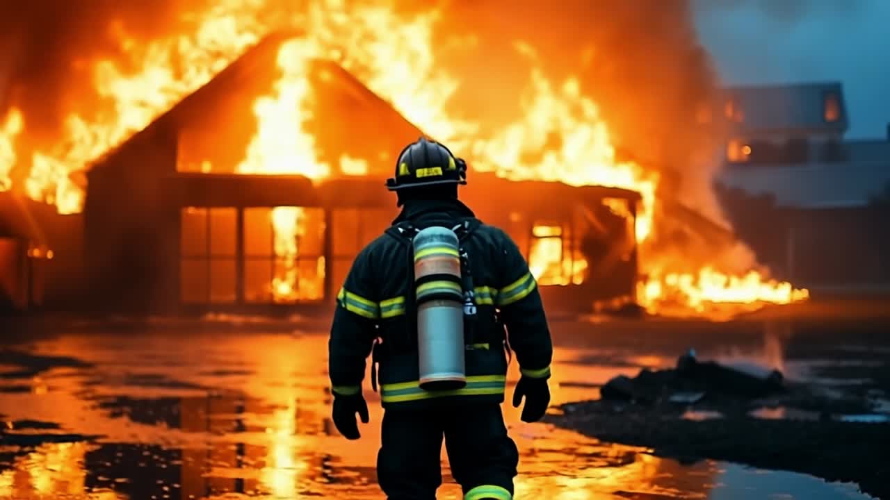 Firefighter facing a burning building. A firefighter approaches a raging fire consuming a structure during nighttime. Bright flames illuminate the scene.