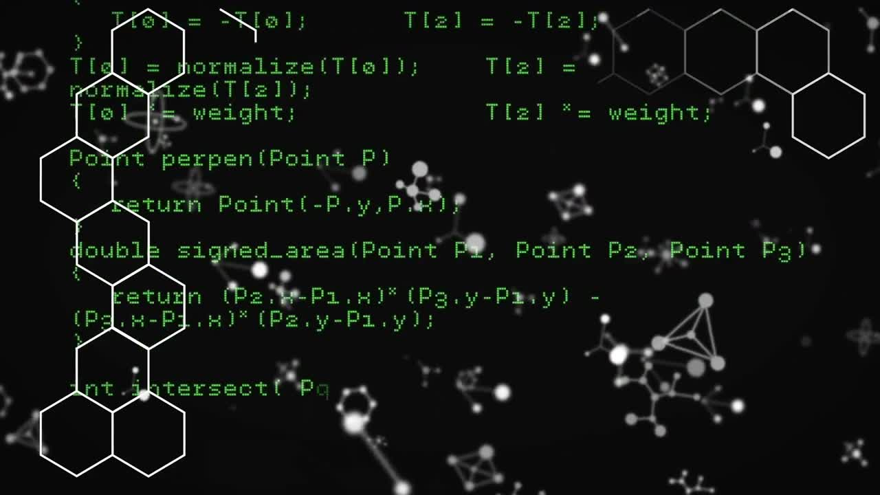 Animation of white hexagons over data processing on black background