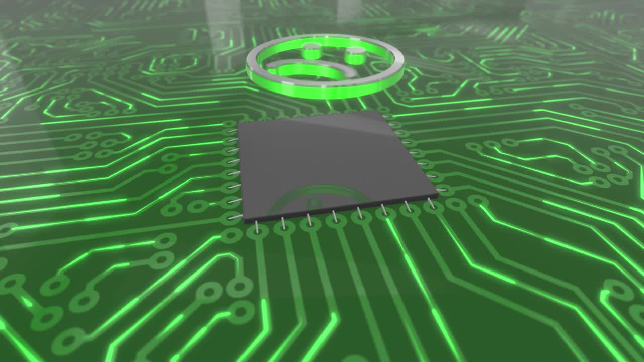 Dark green rotating computer circuit board concept sad smiley loop 4K