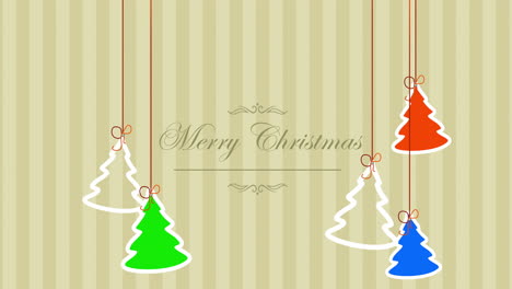 merry christmas with hanging christmas trees and toys on stripes pattern