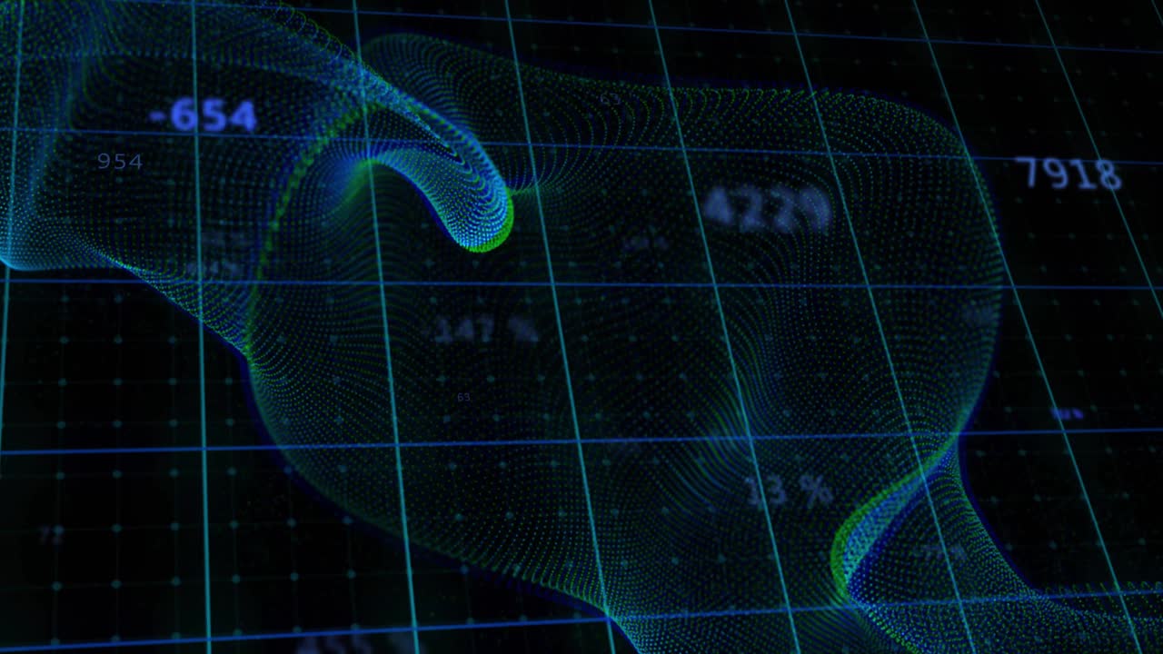 Neon-blue grid initiating wireframe ribbon pulsing twisting updating numbers showing data flow