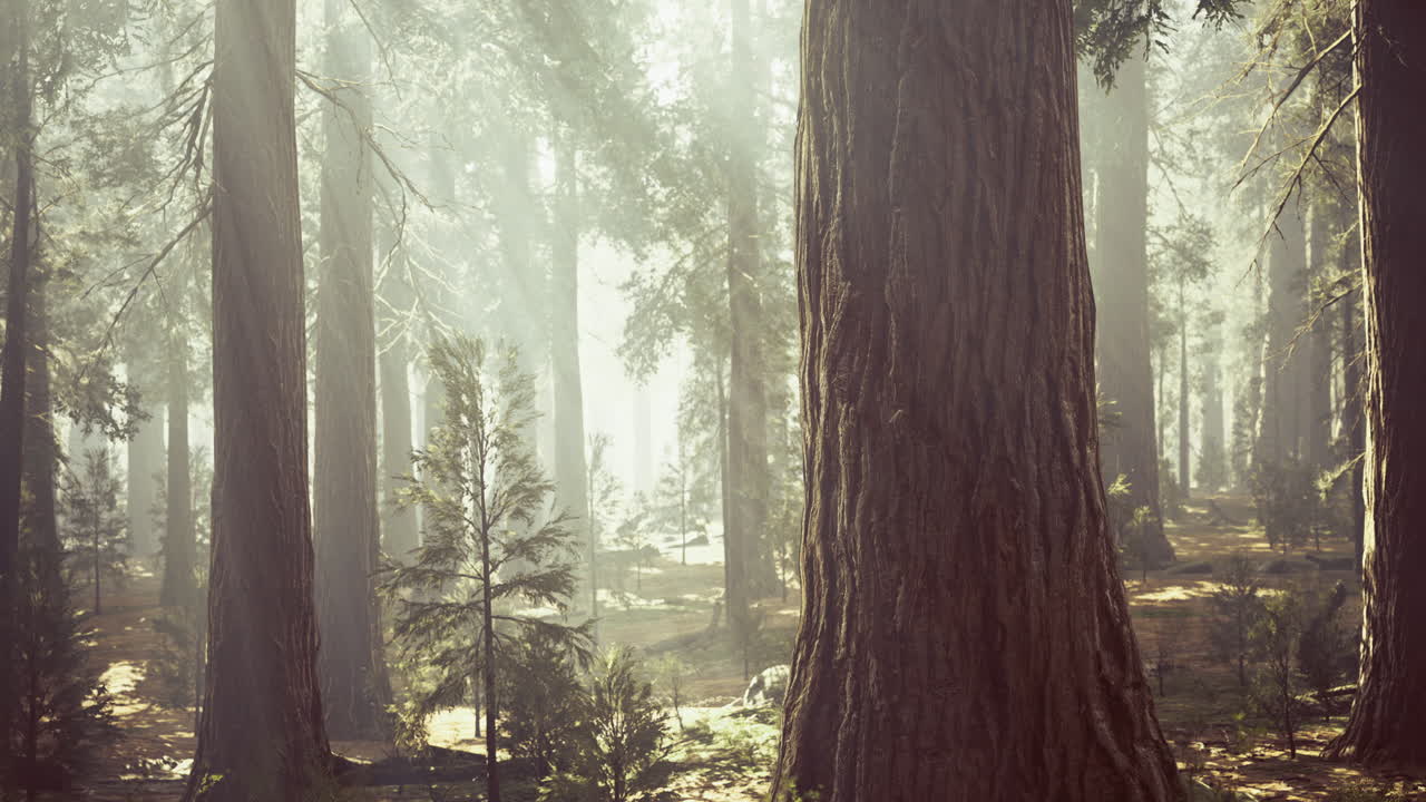 Beneath the towering trees a serene morning light filters through the forest