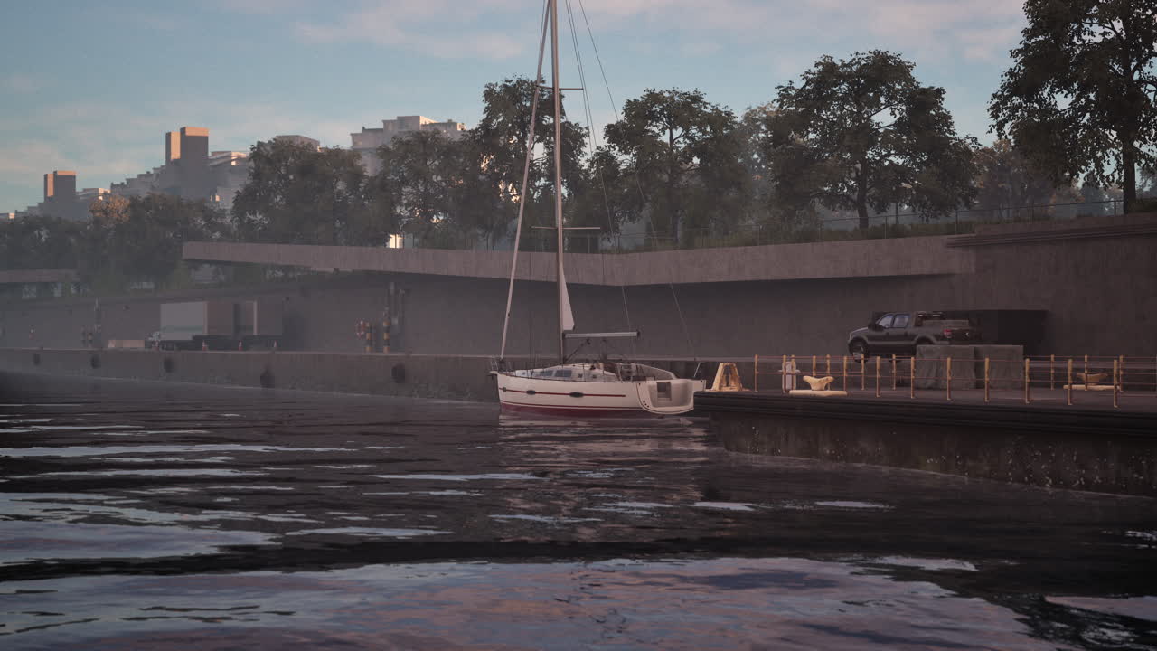 도시 의 마리나 에 정박 한 항해 배