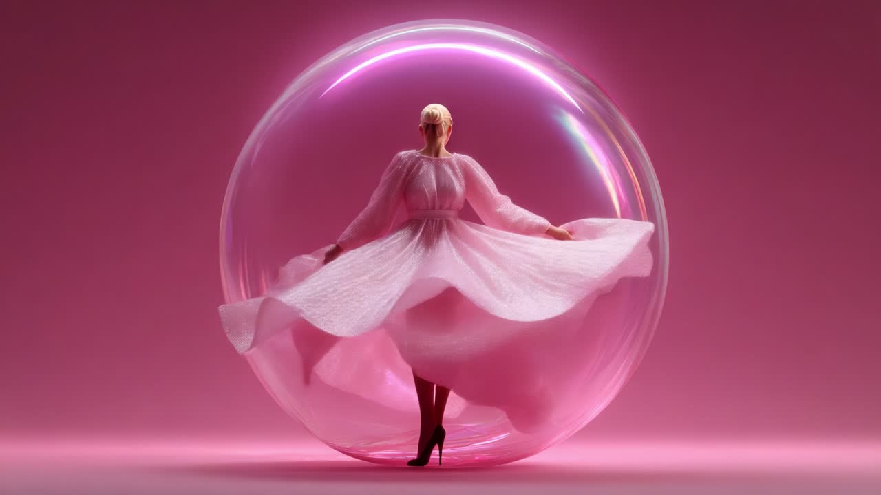 A woman in a pink dress inside a protective bubble
