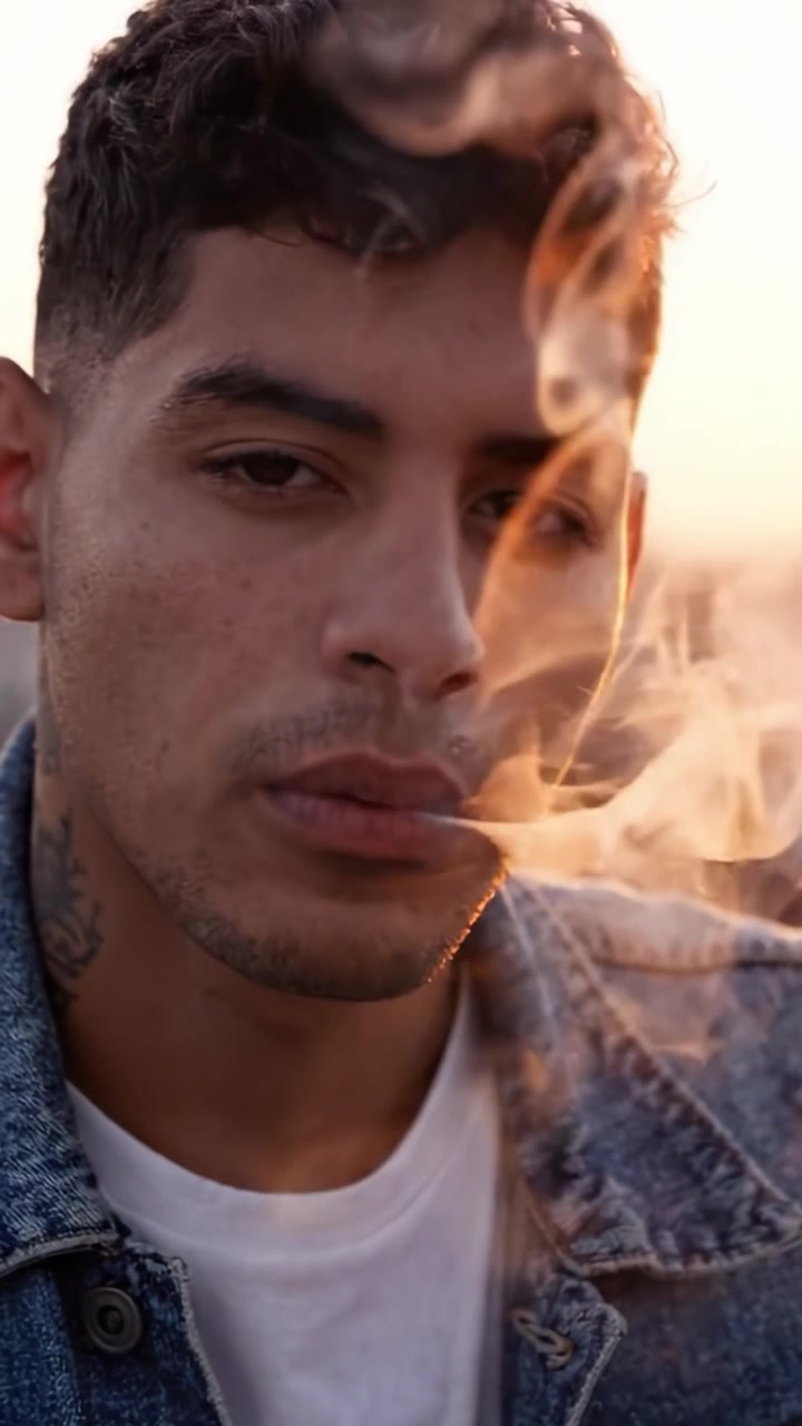 Un Momento Contemplativo: La Mirada Intensa y el Estado de Ánimo Reflexivo de un Joven Fumando al Atardecer, Capturando la Esencia de la Vida Cotidiana y la Estética Urbana