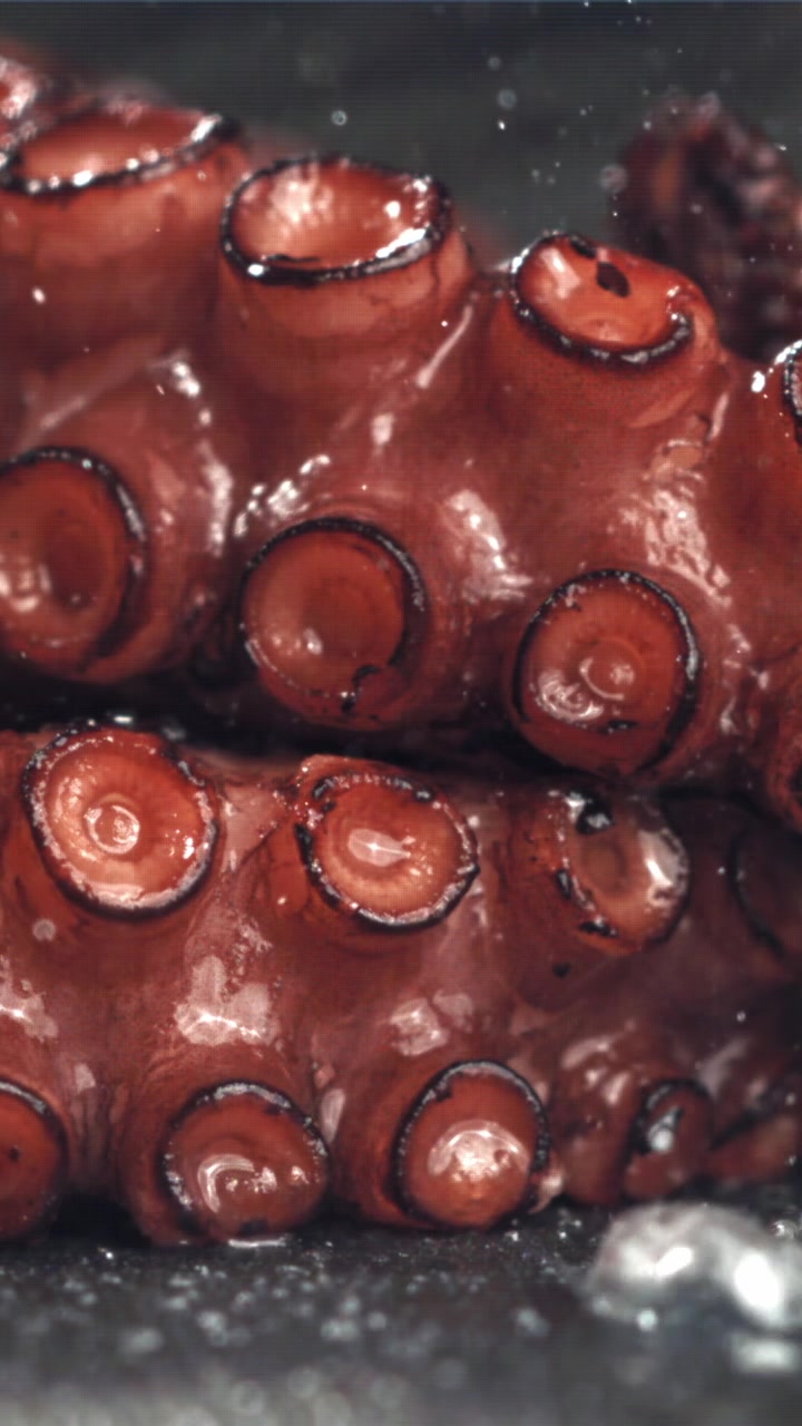 Primo piano di tentacoli di polpo cotti con gocce d'acqua che schizzano