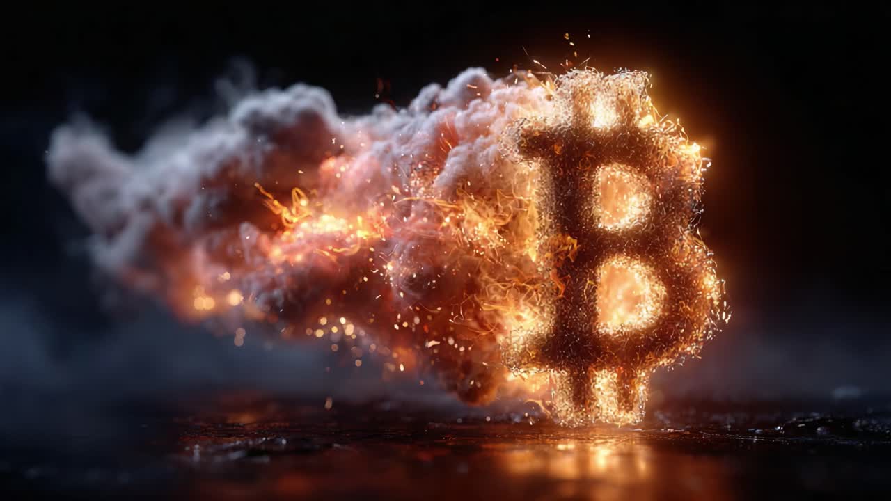 En fængslende rejse med et flammende Bitcoin-symbol, der dukker op fra røgskyer og fremhæver det dynamiske krydsfelt mellem kryptovaluta og digital kunst.