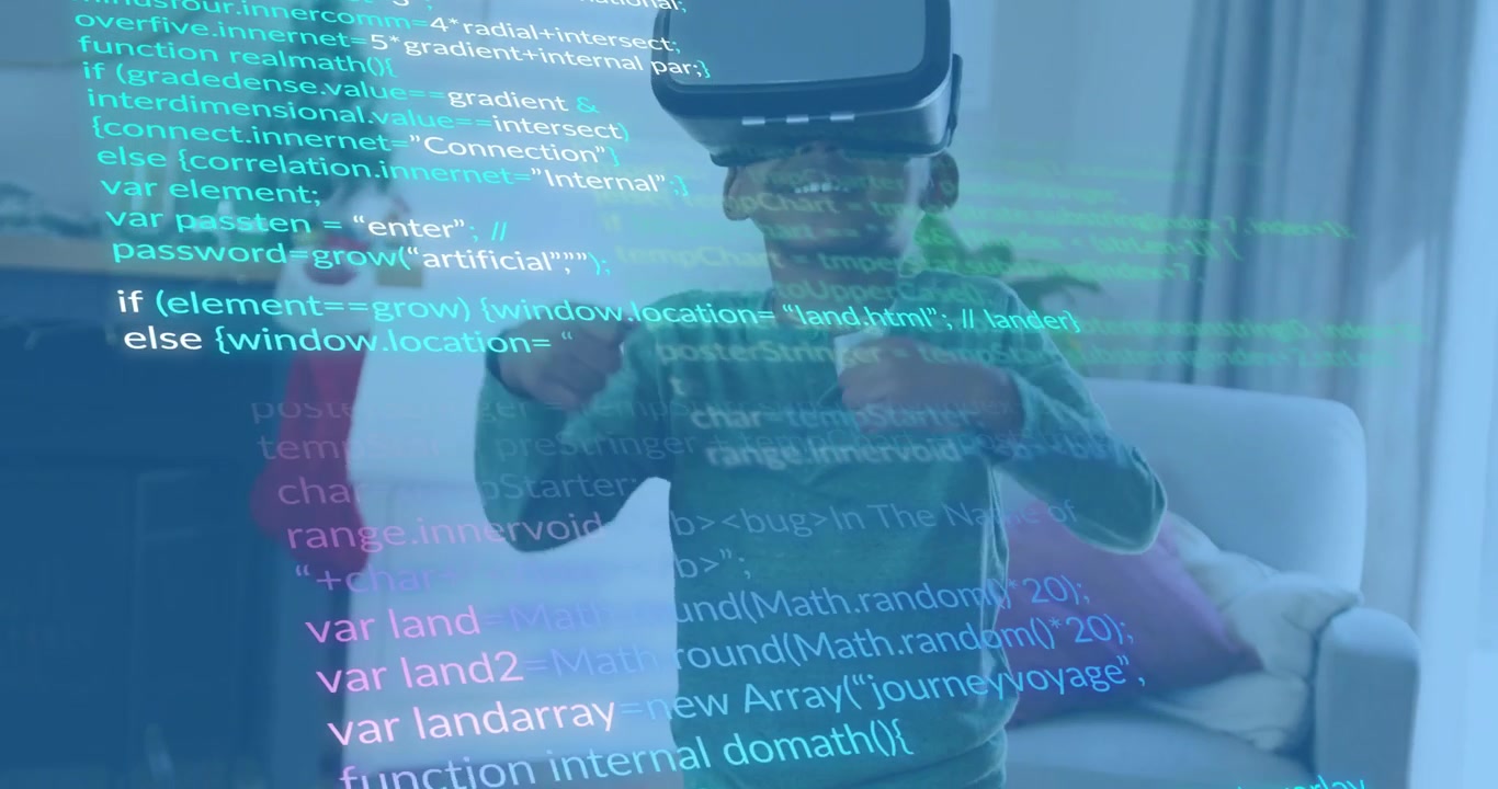 Boy putting on VR headset activating code overlay in tech demo, gesturing and manipulating objects